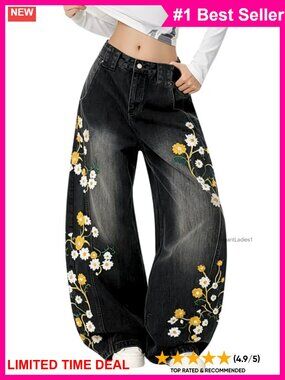 Floral Embroidered Baggy Wide Leg Barrel Jeans High Waisted Denim Pants